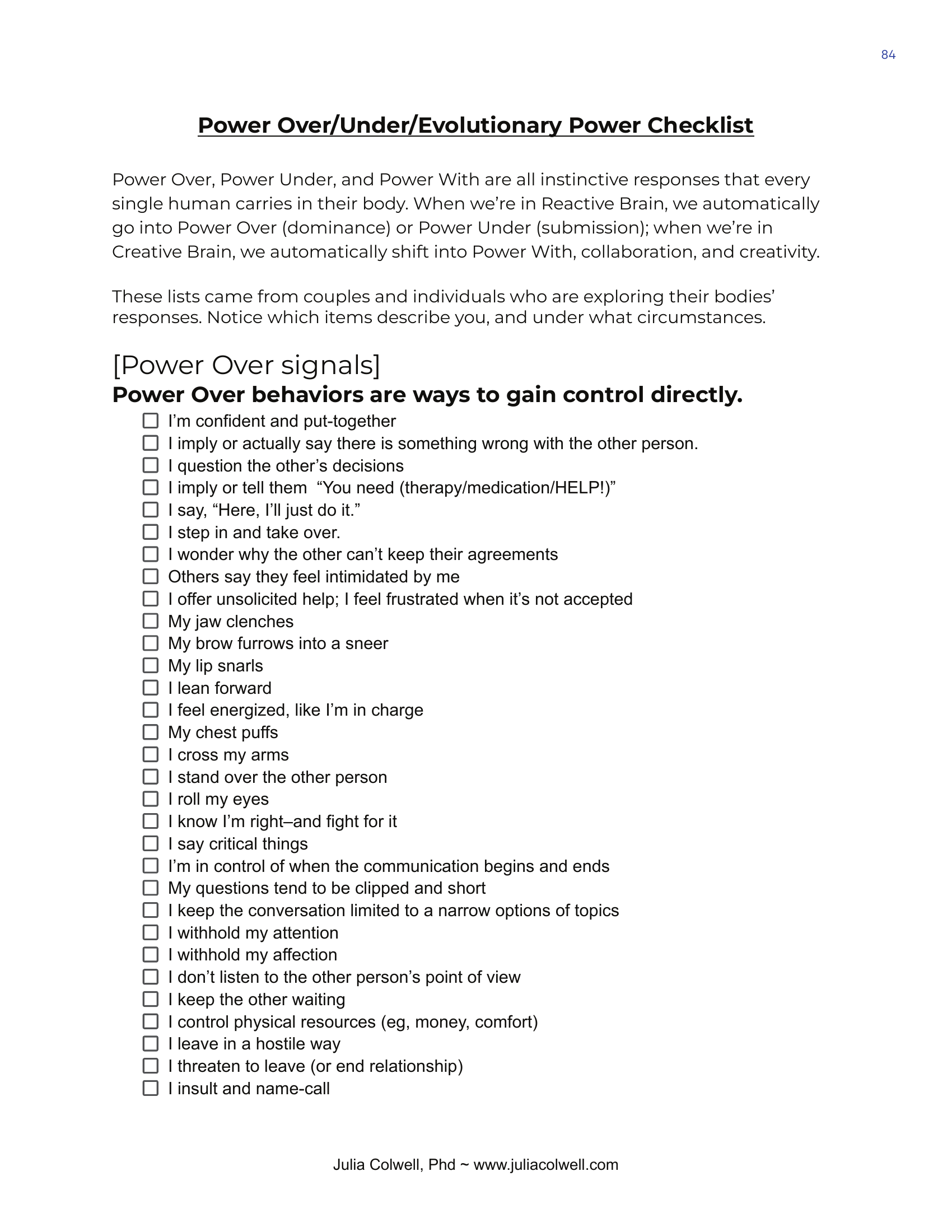 Power Over/Under/Evolutionary Power Checklist — Power Over (1/5)