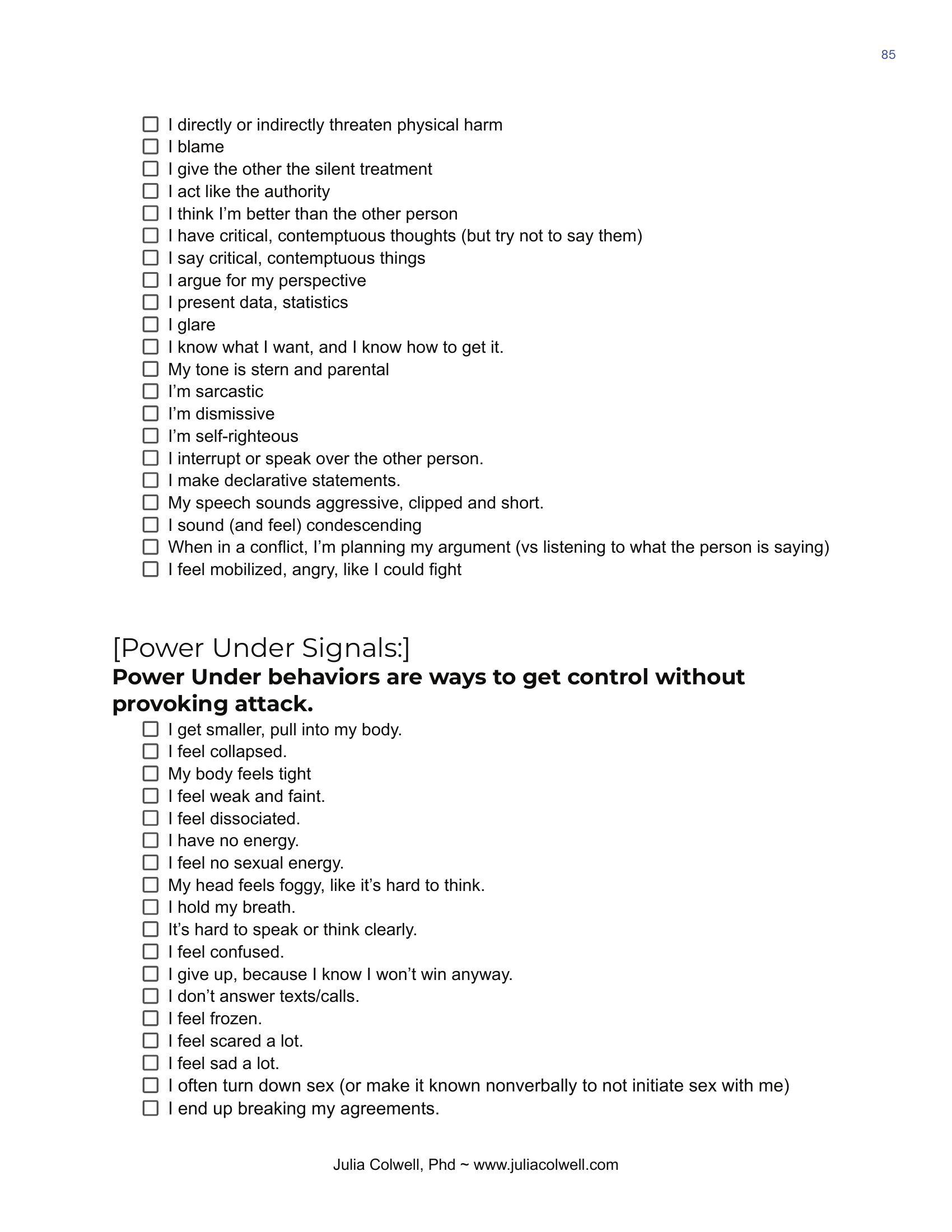 Power Over/Under/Evolutionary Power Checklist — Power Over cont'd / Power Under (2/5)